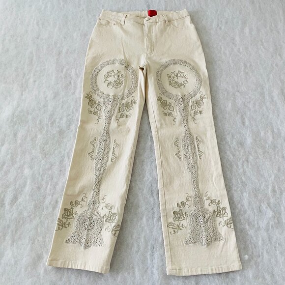 Vintage Y2K Very Vera Womens Cream Embroidered Floral Wide Leg Jeans Size 8 - Picture 1 of 12